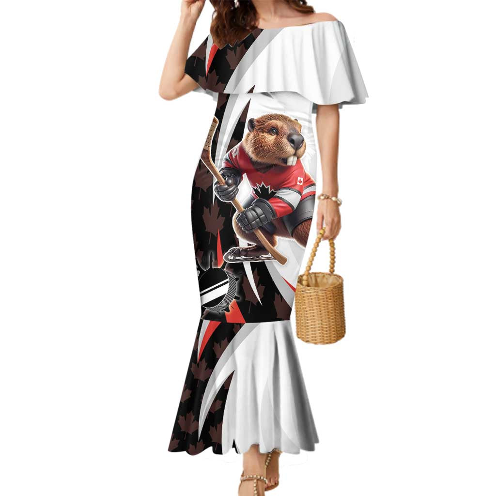 Custom Canada Ice Hockey Go Champions Family Matching Mermaid Dress and Hawaiian Shirt Team Canada Beaver Mascot Style