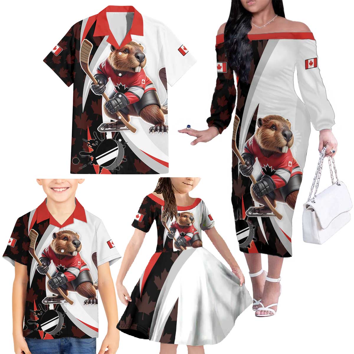 Custom Canada Ice Hockey Go Champions Family Matching Off The Shoulder Long Sleeve Dress and Hawaiian Shirt Team Canada Beaver Mascot Style