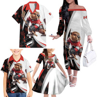 Custom Canada Ice Hockey Go Champions Family Matching Off The Shoulder Long Sleeve Dress and Hawaiian Shirt Team Canada Beaver Mascot Style