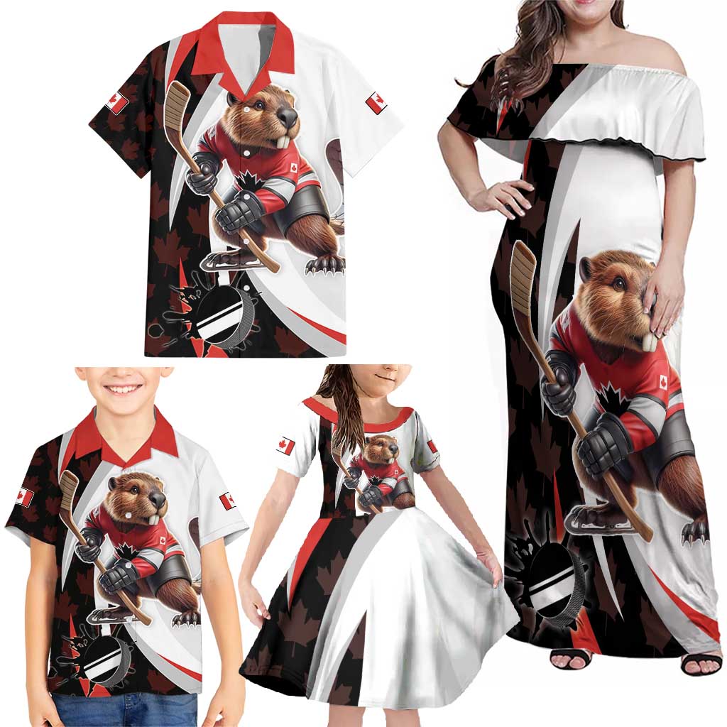 Custom Canada Ice Hockey Go Champions Family Matching Off Shoulder Maxi Dress and Hawaiian Shirt Team Canada Beaver Mascot Style