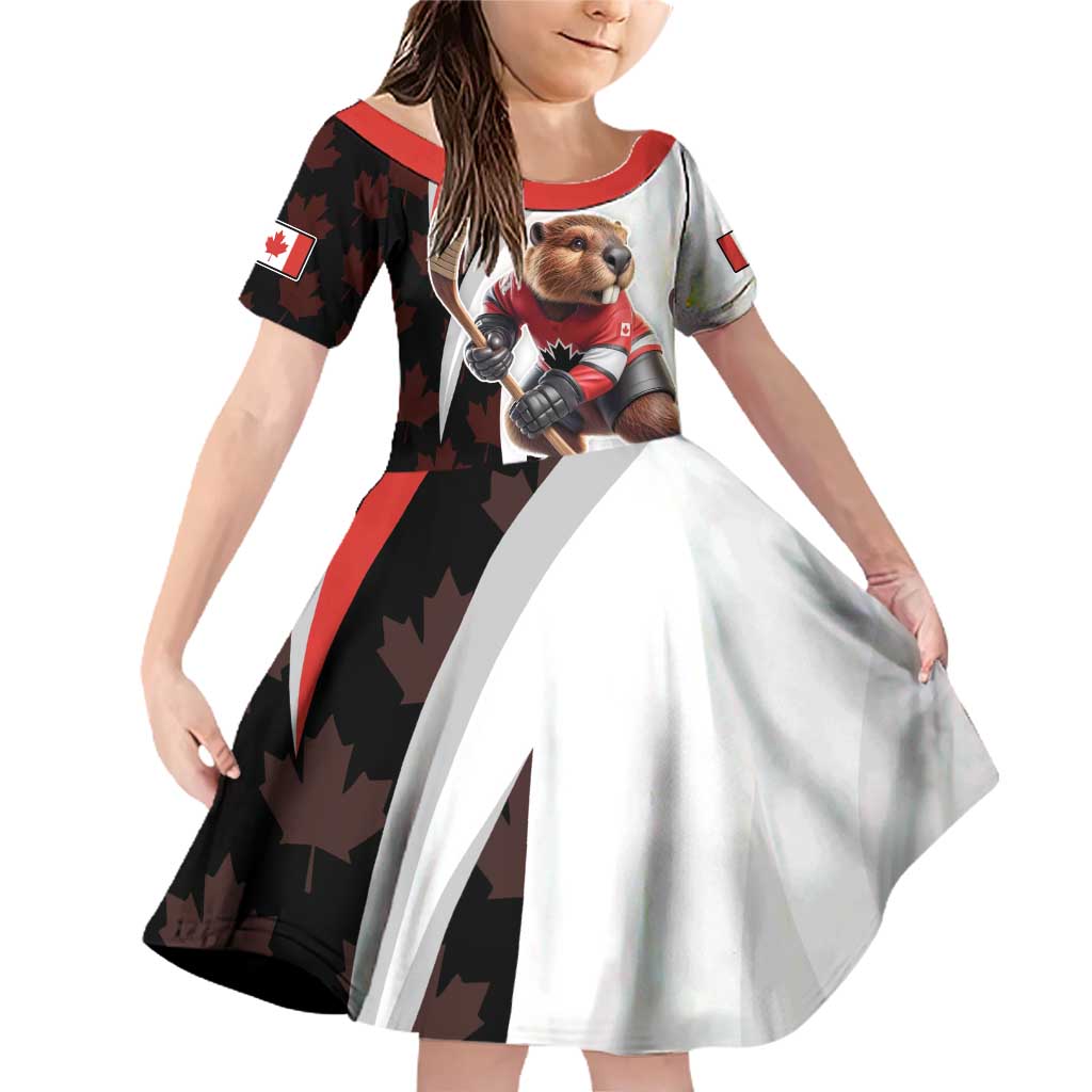 Custom Canada Ice Hockey Go Champions Family Matching Off Shoulder Short Dress and Hawaiian Shirt Team Canada Beaver Mascot Style