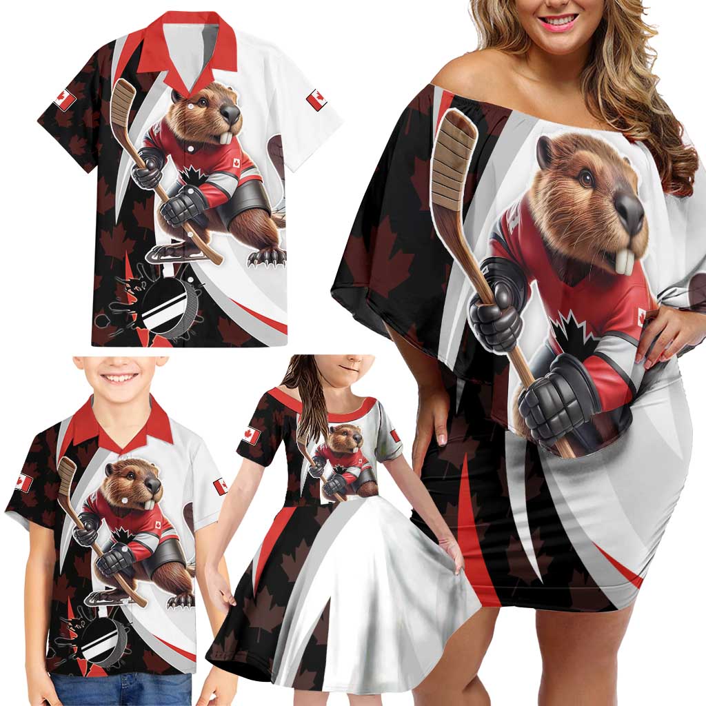 Custom Canada Ice Hockey Go Champions Family Matching Off Shoulder Short Dress and Hawaiian Shirt Team Canada Beaver Mascot Style