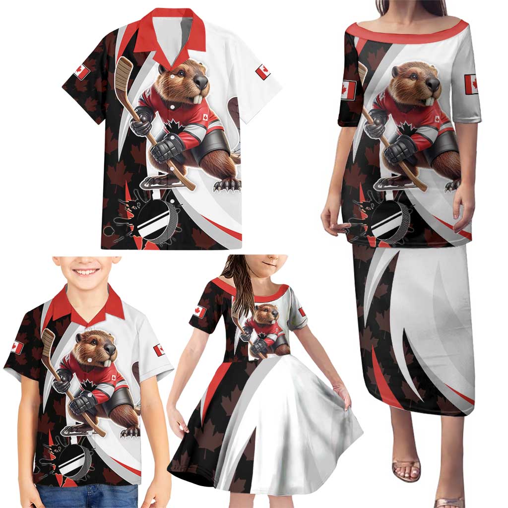 Custom Canada Ice Hockey Go Champions Family Matching Puletasi and Hawaiian Shirt Team Canada Beaver Mascot Style