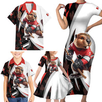 Custom Canada Ice Hockey Go Champions Family Matching Short Sleeve Bodycon Dress and Hawaiian Shirt Team Canada Beaver Mascot Style