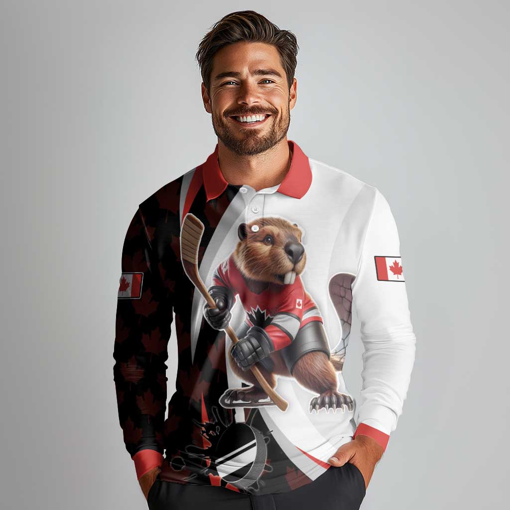Custom Canada Ice Hockey Go Champions Long Sleeve Polo Shirt Team Canada Beaver Mascot Style