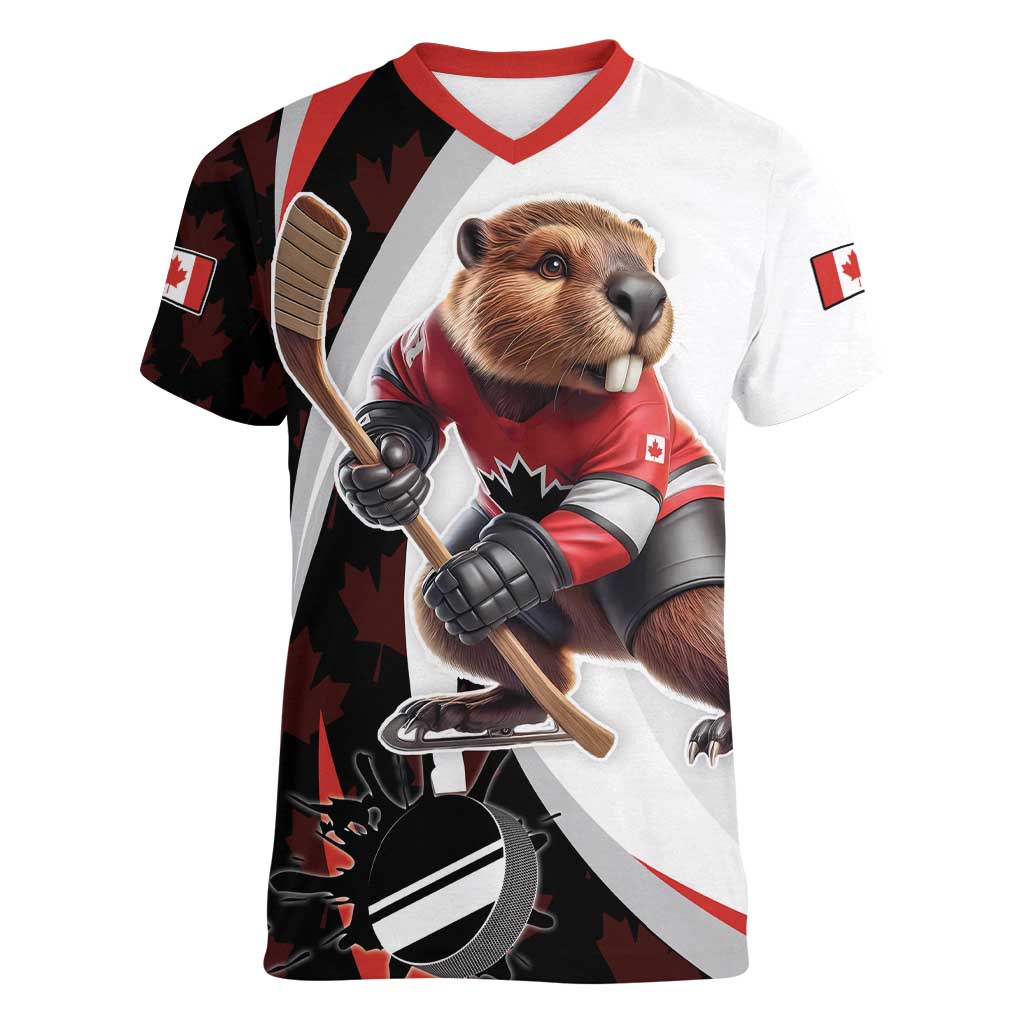 Custom Canada Ice Hockey Go Champions Women V-Neck T-Shirt Team Canada Beaver Mascot Style