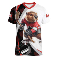 Custom Canada Ice Hockey Go Champions Women V-Neck T-Shirt Team Canada Beaver Mascot Style