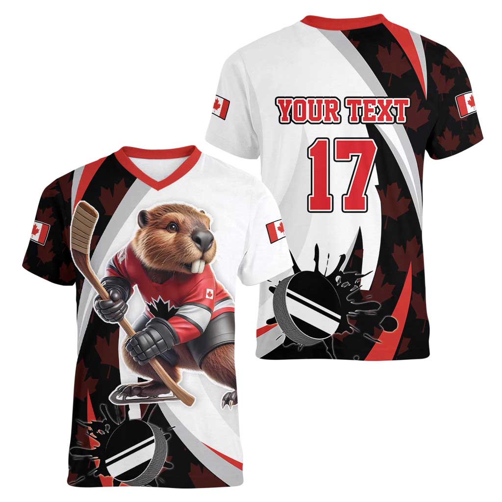 Custom Canada Ice Hockey Go Champions Women V-Neck T-Shirt Team Canada Beaver Mascot Style