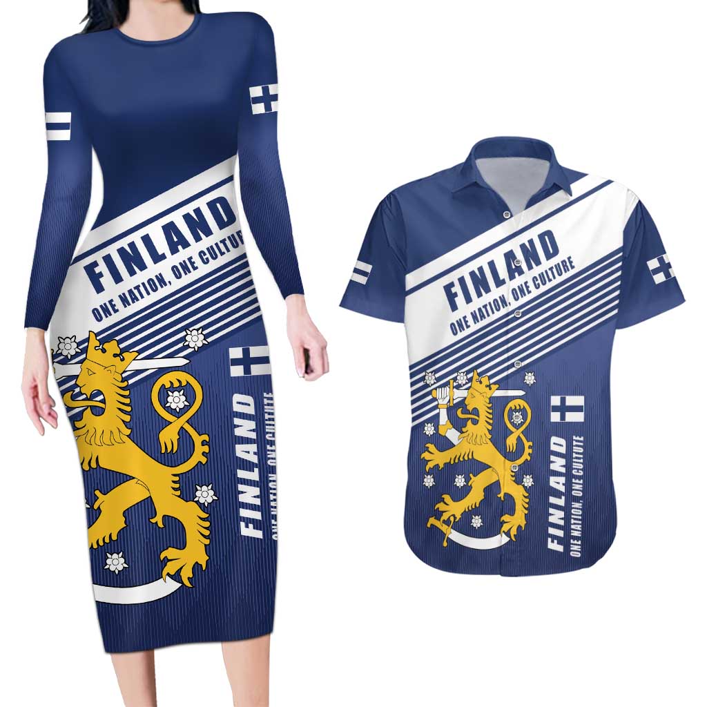 Personalized Finland One Nation One Culture Couples Matching Long Sleeve Bodycon Dress and Hawaiian Shirt A Crowned Lion with Flag
