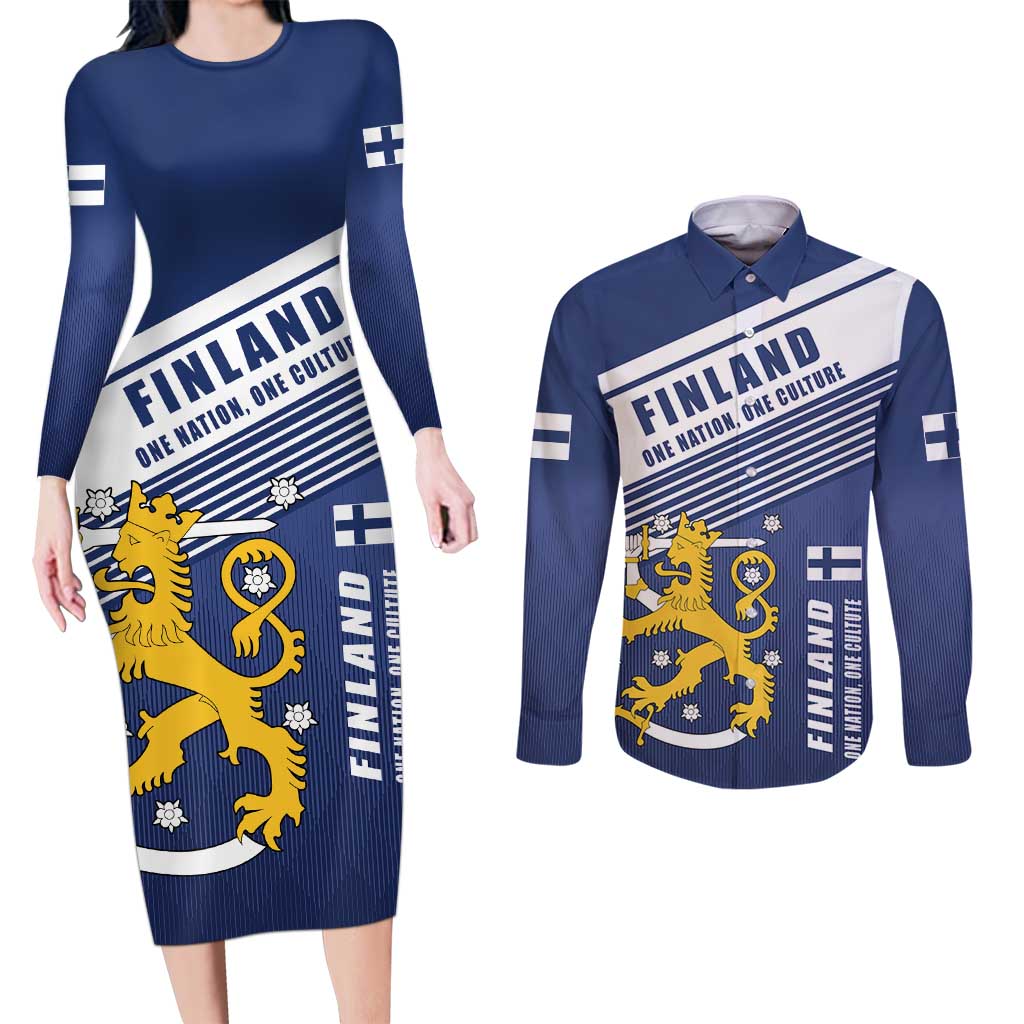 Personalized Finland One Nation One Culture Couples Matching Long Sleeve Bodycon Dress and Long Sleeve Button Shirt A Crowned Lion with Flag