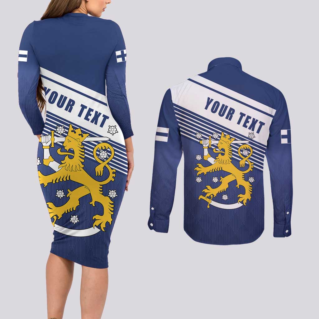 Personalized Finland One Nation One Culture Couples Matching Long Sleeve Bodycon Dress and Long Sleeve Button Shirt A Crowned Lion with Flag