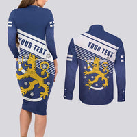 Personalized Finland One Nation One Culture Couples Matching Long Sleeve Bodycon Dress and Long Sleeve Button Shirt A Crowned Lion with Flag