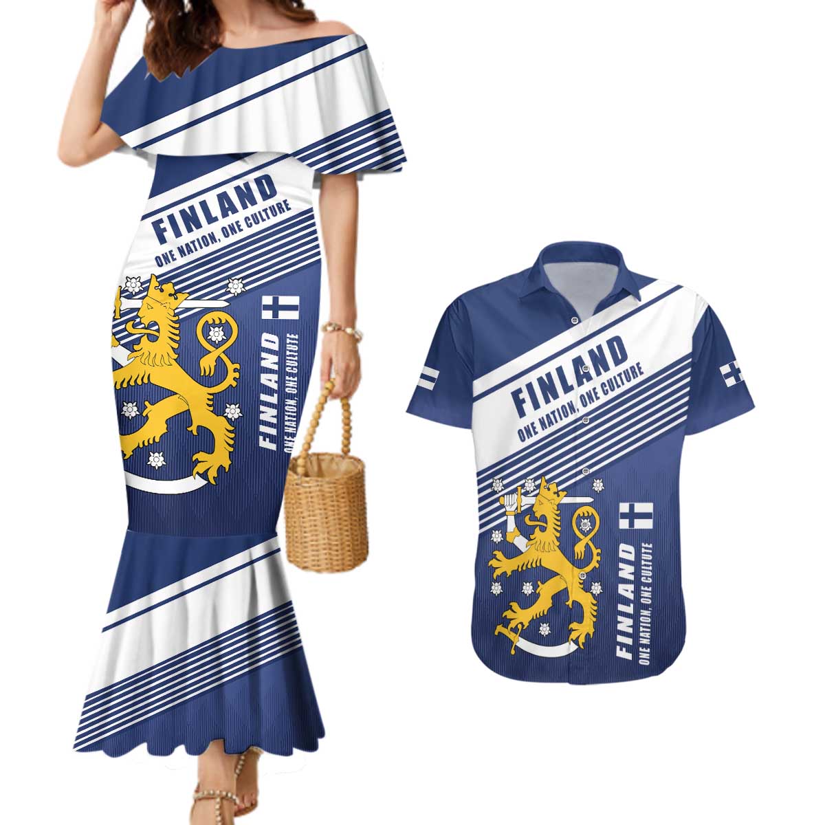 Personalized Finland One Nation One Culture Couples Matching Mermaid Dress and Hawaiian Shirt A Crowned Lion with Flag