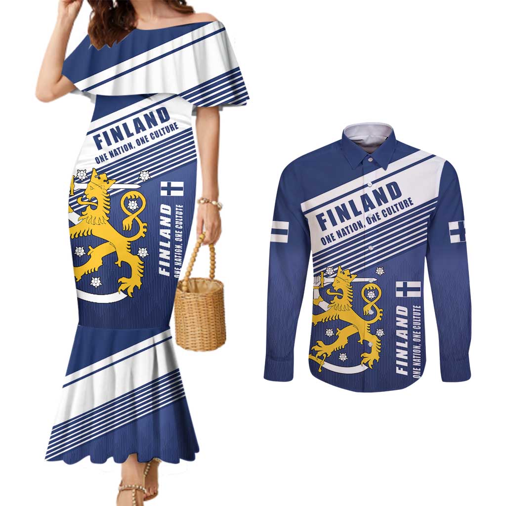 Personalized Finland One Nation One Culture Couples Matching Mermaid Dress and Long Sleeve Button Shirt A Crowned Lion with Flag