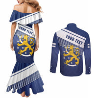 Personalized Finland One Nation One Culture Couples Matching Mermaid Dress and Long Sleeve Button Shirt A Crowned Lion with Flag