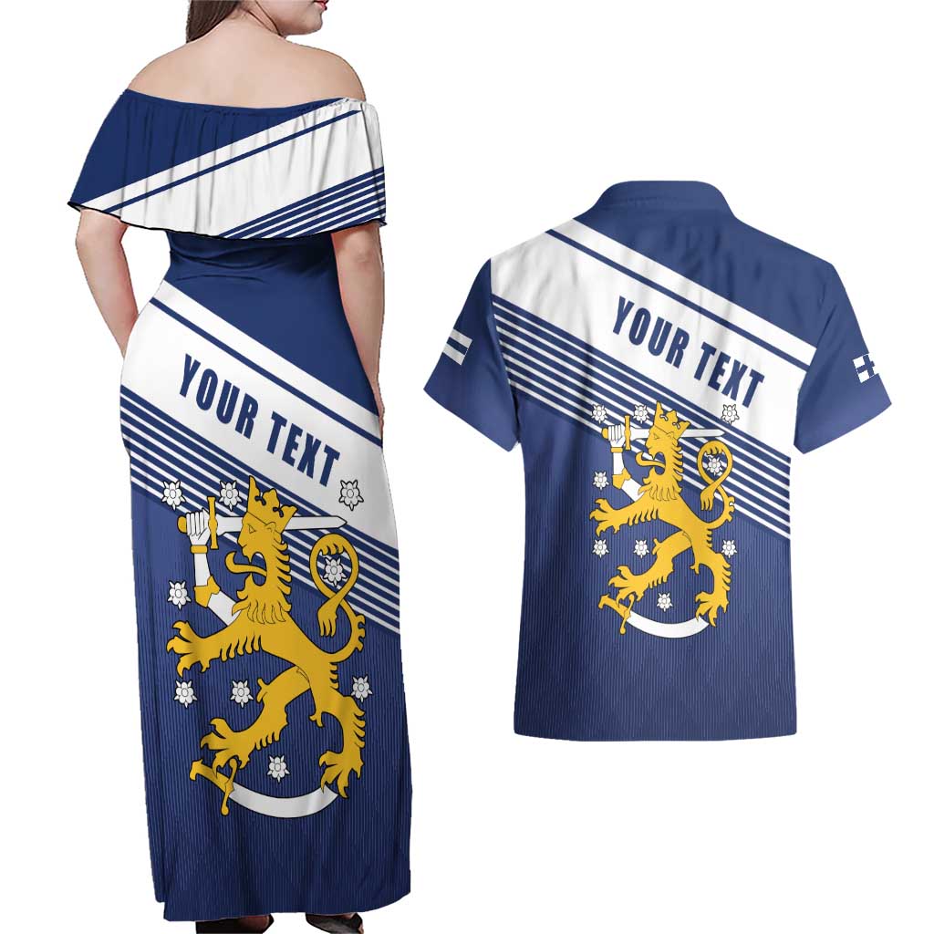 Personalized Finland One Nation One Culture Couples Matching Off Shoulder Maxi Dress and Hawaiian Shirt A Crowned Lion with Flag