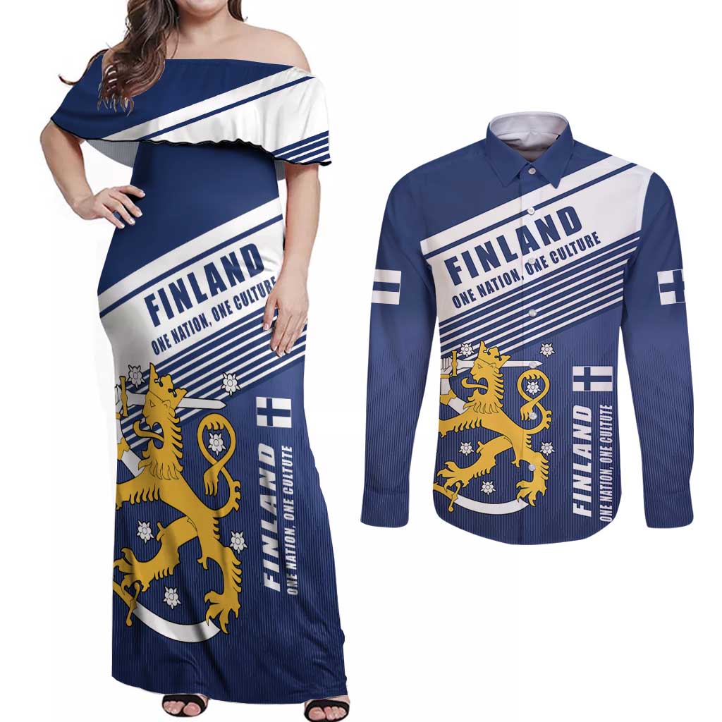 Personalized Finland One Nation One Culture Couples Matching Off Shoulder Maxi Dress and Long Sleeve Button Shirt A Crowned Lion with Flag