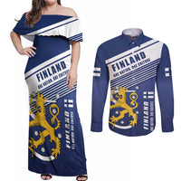 Personalized Finland One Nation One Culture Couples Matching Off Shoulder Maxi Dress and Long Sleeve Button Shirt A Crowned Lion with Flag