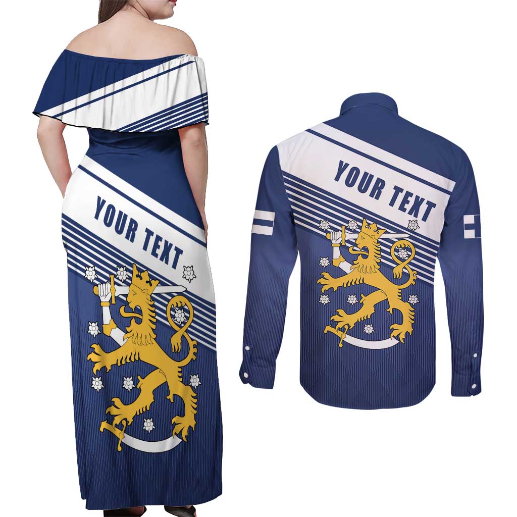 Personalized Finland One Nation One Culture Couples Matching Off Shoulder Maxi Dress and Long Sleeve Button Shirt A Crowned Lion with Flag