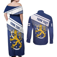 Personalized Finland One Nation One Culture Couples Matching Off Shoulder Maxi Dress and Long Sleeve Button Shirt A Crowned Lion with Flag