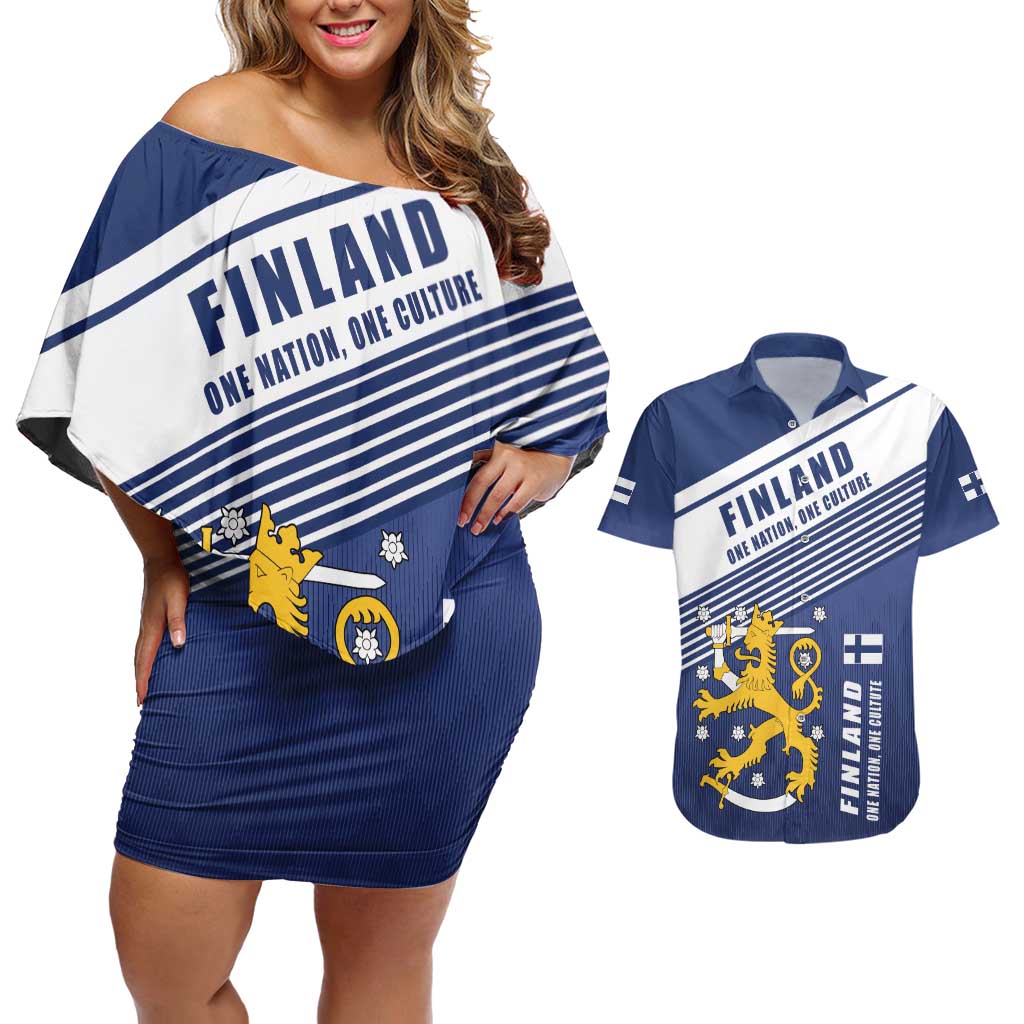 Personalized Finland One Nation One Culture Couples Matching Off Shoulder Short Dress and Hawaiian Shirt A Crowned Lion with Flag