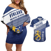 Personalized Finland One Nation One Culture Couples Matching Off Shoulder Short Dress and Hawaiian Shirt A Crowned Lion with Flag