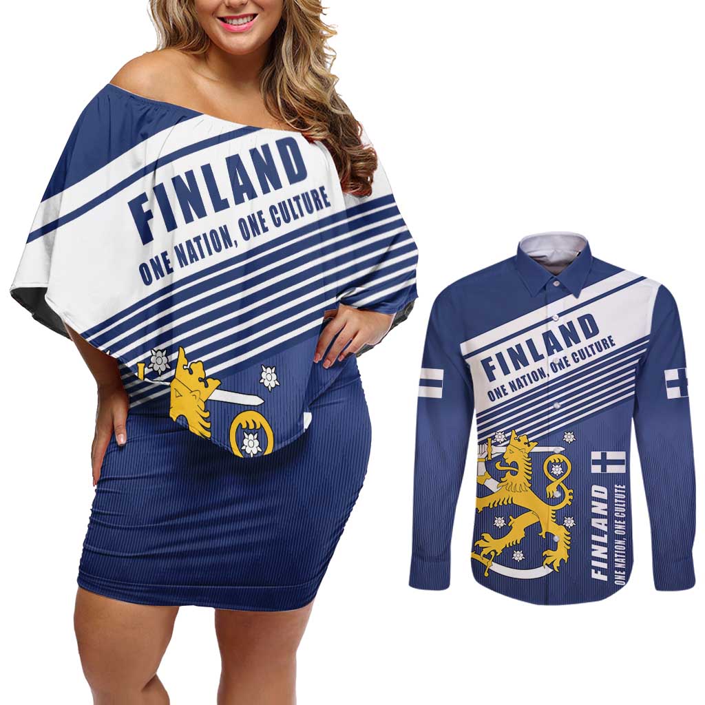 Personalized Finland One Nation One Culture Couples Matching Off Shoulder Short Dress and Long Sleeve Button Shirt A Crowned Lion with Flag