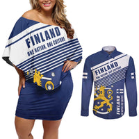 Personalized Finland One Nation One Culture Couples Matching Off Shoulder Short Dress and Long Sleeve Button Shirt A Crowned Lion with Flag