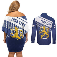 Personalized Finland One Nation One Culture Couples Matching Off Shoulder Short Dress and Long Sleeve Button Shirt A Crowned Lion with Flag