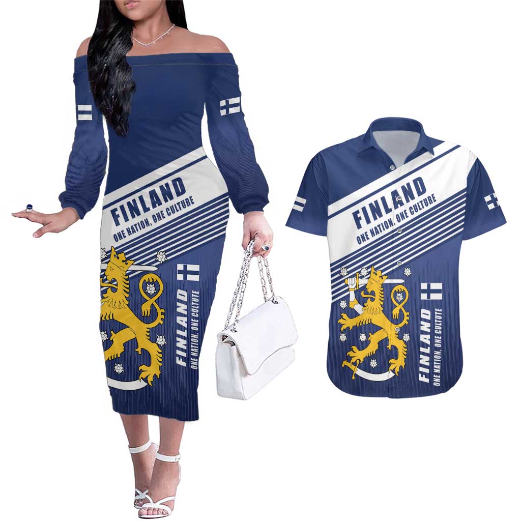 Personalized Finland One Nation One Culture Couples Matching Off The Shoulder Long Sleeve Dress and Hawaiian Shirt A Crowned Lion with Flag