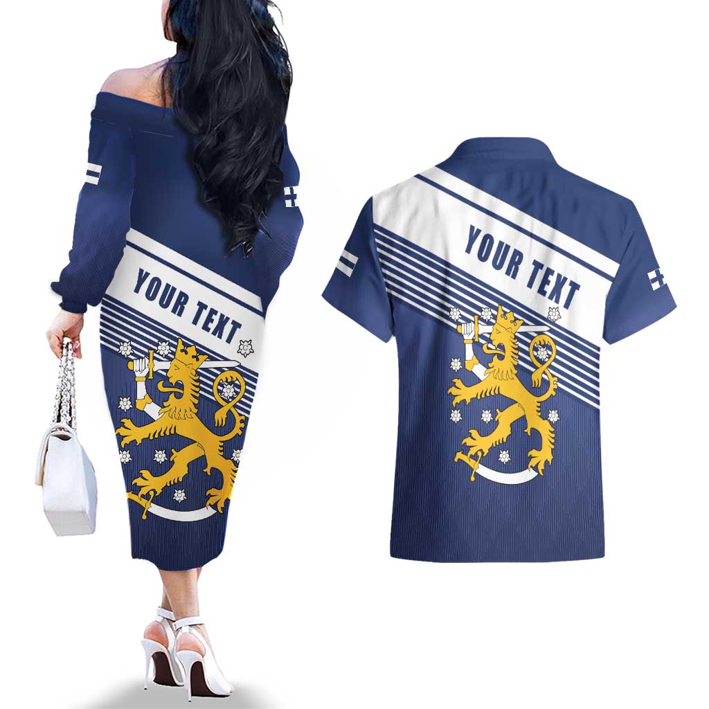 Personalized Finland One Nation One Culture Couples Matching Off The Shoulder Long Sleeve Dress and Hawaiian Shirt A Crowned Lion with Flag