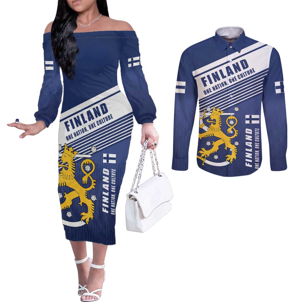 Personalized Finland One Nation One Culture Couples Matching Off The Shoulder Long Sleeve Dress and Long Sleeve Button Shirt A Crowned Lion with Flag