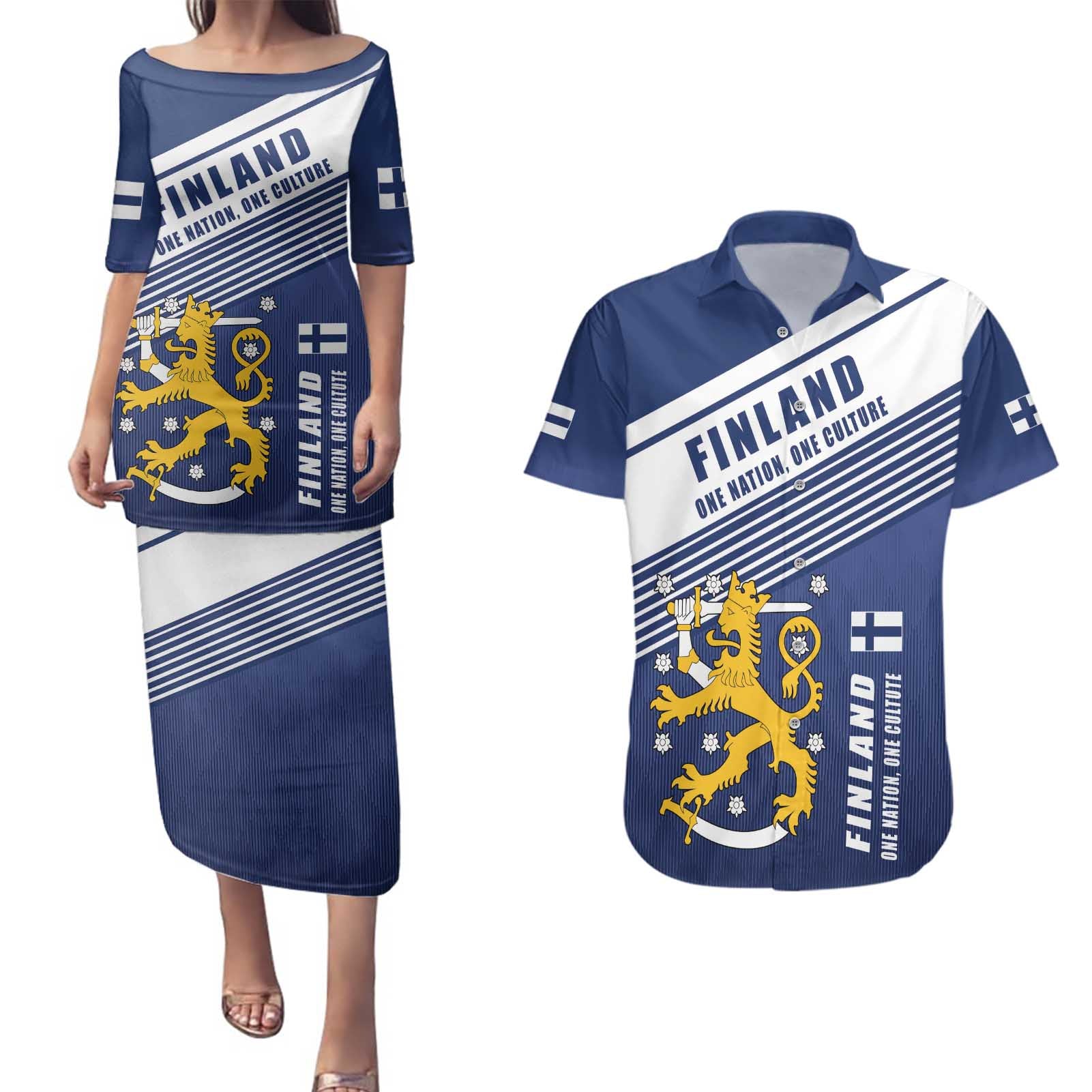 Personalized Finland One Nation One Culture Couples Matching Puletasi and Hawaiian Shirt A Crowned Lion with Flag