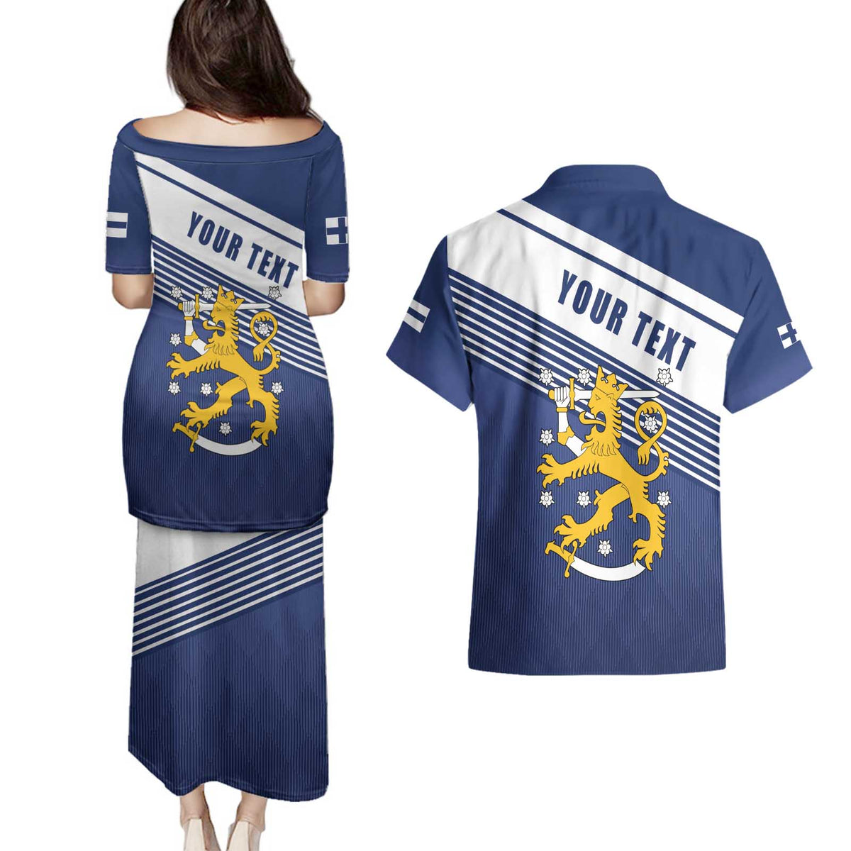 Personalized Finland One Nation One Culture Couples Matching Puletasi and Hawaiian Shirt A Crowned Lion with Flag