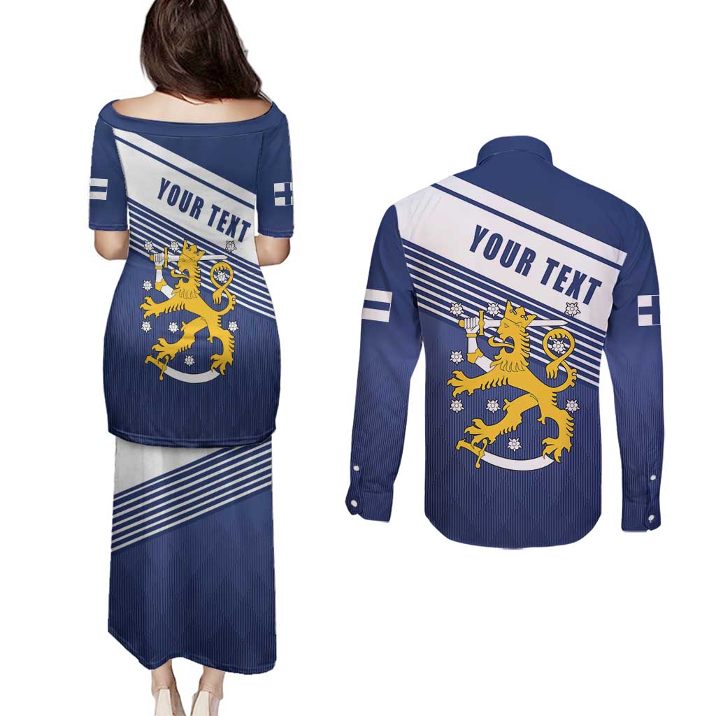 Personalized Finland One Nation One Culture Couples Matching Puletasi and Long Sleeve Button Shirt A Crowned Lion with Flag