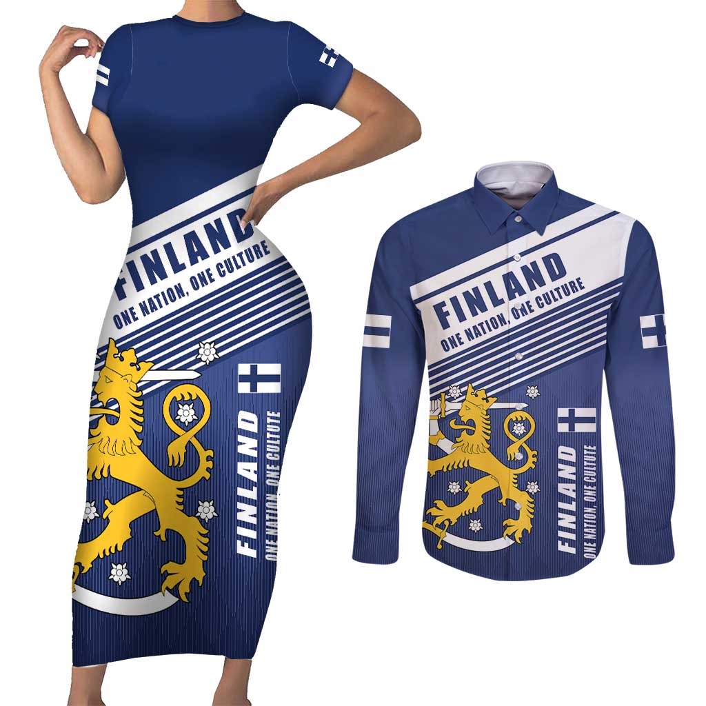 Personalized Finland One Nation One Culture Couples Matching Short Sleeve Bodycon Dress and Long Sleeve Button Shirt A Crowned Lion with Flag