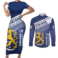 Personalized Finland One Nation One Culture Couples Matching Short Sleeve Bodycon Dress and Long Sleeve Button Shirt A Crowned Lion with Flag