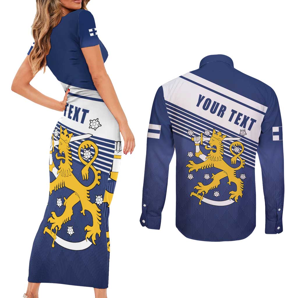 Personalized Finland One Nation One Culture Couples Matching Short Sleeve Bodycon Dress and Long Sleeve Button Shirt A Crowned Lion with Flag