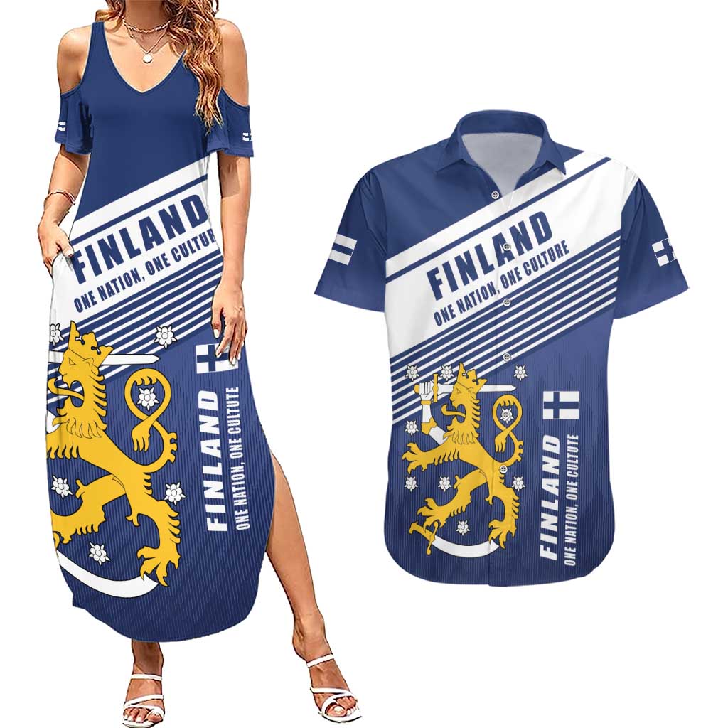 Personalized Finland One Nation One Culture Couples Matching Summer Maxi Dress and Hawaiian Shirt A Crowned Lion with Flag