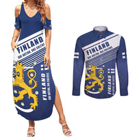 Personalized Finland One Nation One Culture Couples Matching Summer Maxi Dress and Long Sleeve Button Shirt A Crowned Lion with Flag