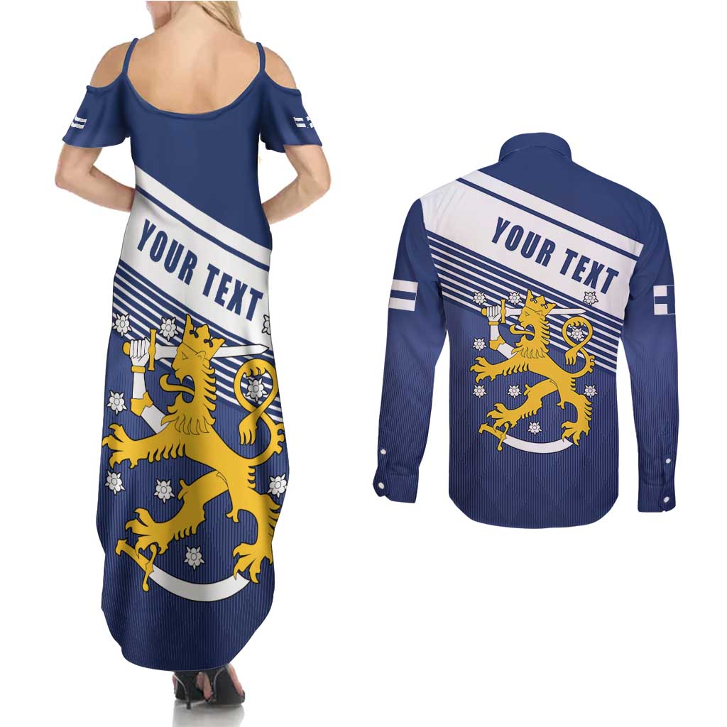 Personalized Finland One Nation One Culture Couples Matching Summer Maxi Dress and Long Sleeve Button Shirt A Crowned Lion with Flag