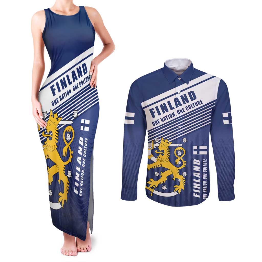 Personalized Finland One Nation One Culture Couples Matching Tank Maxi Dress and Long Sleeve Button Shirt A Crowned Lion with Flag