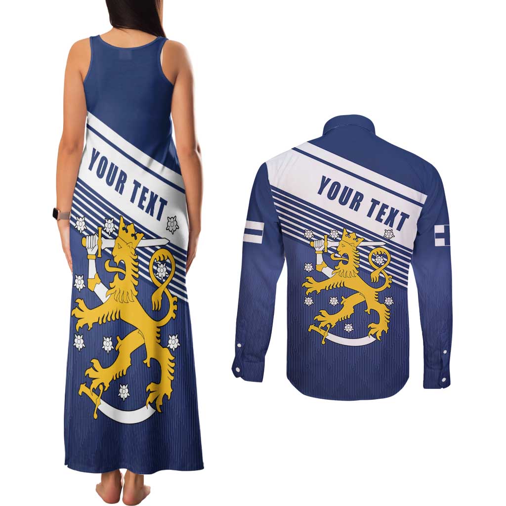 Personalized Finland One Nation One Culture Couples Matching Tank Maxi Dress and Long Sleeve Button Shirt A Crowned Lion with Flag