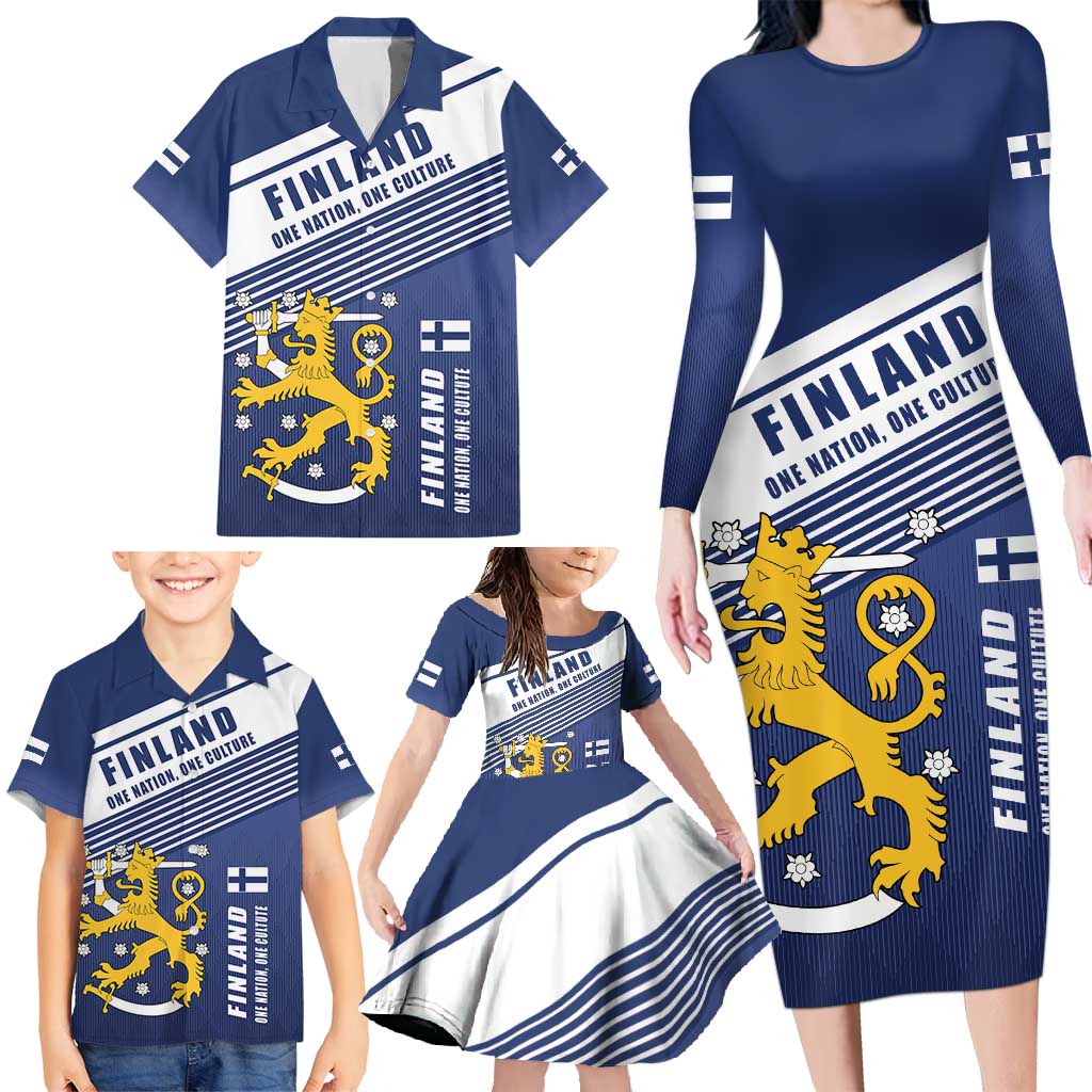 Personalized Finland One Nation One Culture Family Matching Long Sleeve Bodycon Dress and Hawaiian Shirt A Crowned Lion with Flag