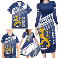 Personalized Finland One Nation One Culture Family Matching Long Sleeve Bodycon Dress and Hawaiian Shirt A Crowned Lion with Flag
