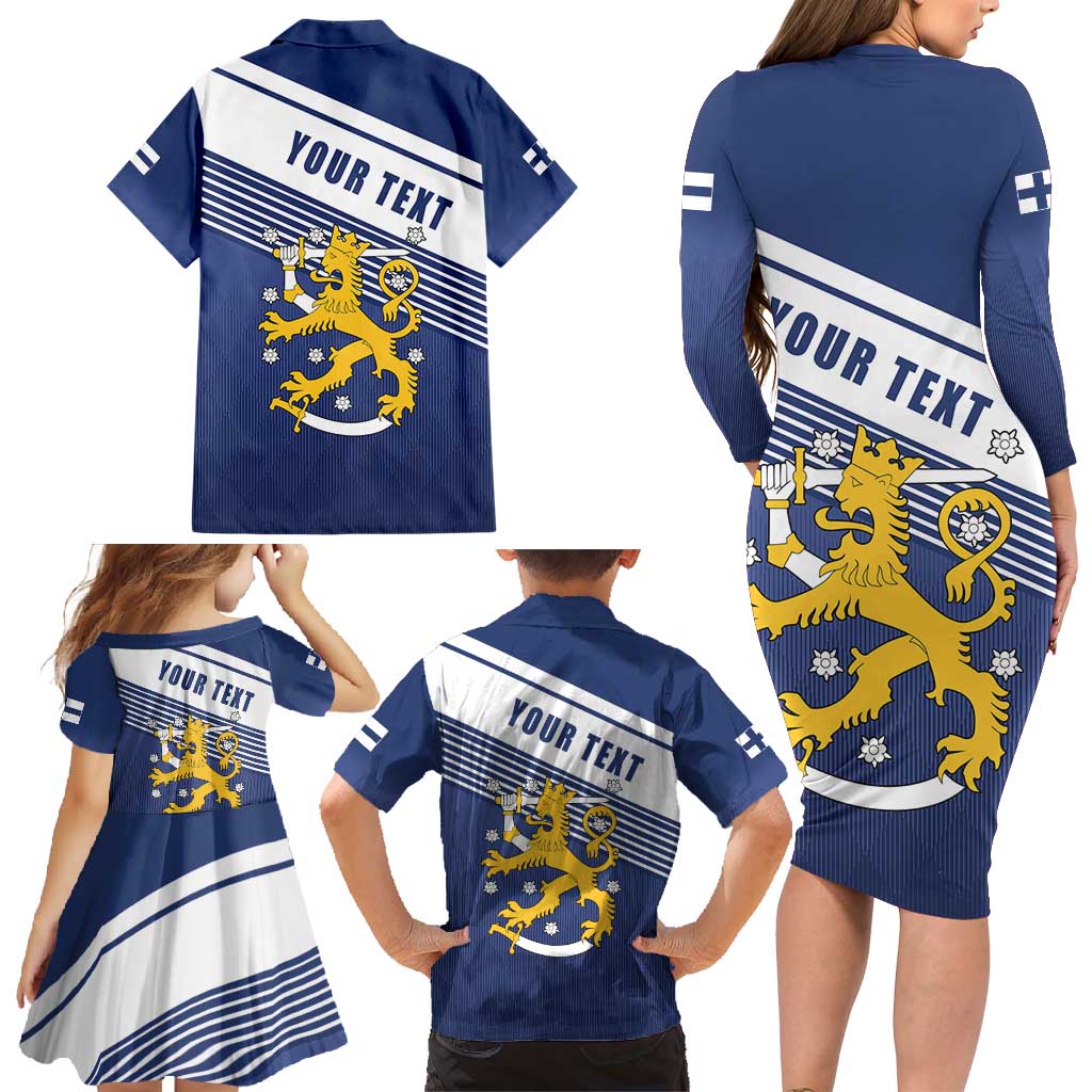 Personalized Finland One Nation One Culture Family Matching Long Sleeve Bodycon Dress and Hawaiian Shirt A Crowned Lion with Flag