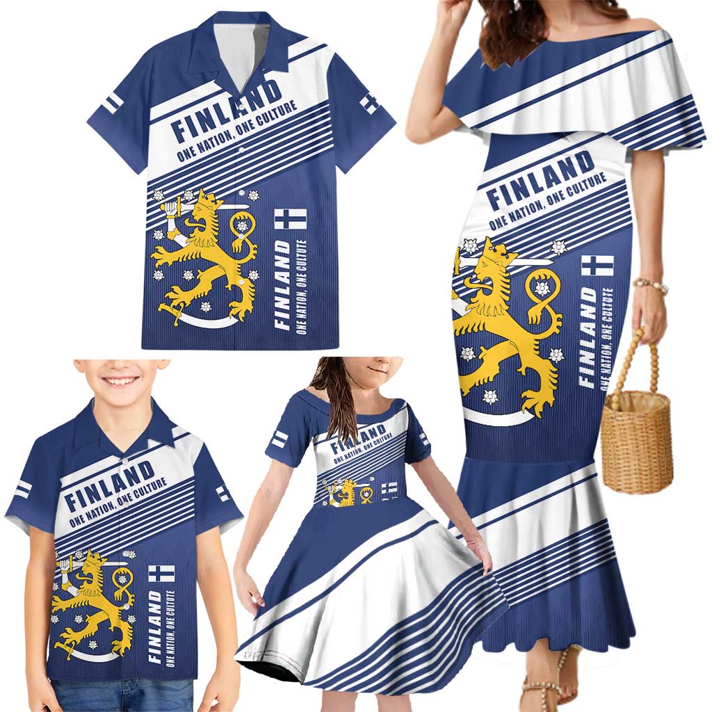 Personalized Finland One Nation One Culture Family Matching Mermaid Dress and Hawaiian Shirt A Crowned Lion with Flag