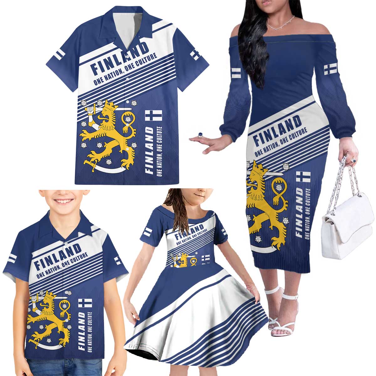Personalized Finland One Nation One Culture Family Matching Off The Shoulder Long Sleeve Dress and Hawaiian Shirt A Crowned Lion with Flag