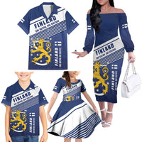 Personalized Finland One Nation One Culture Family Matching Off The Shoulder Long Sleeve Dress and Hawaiian Shirt A Crowned Lion with Flag
