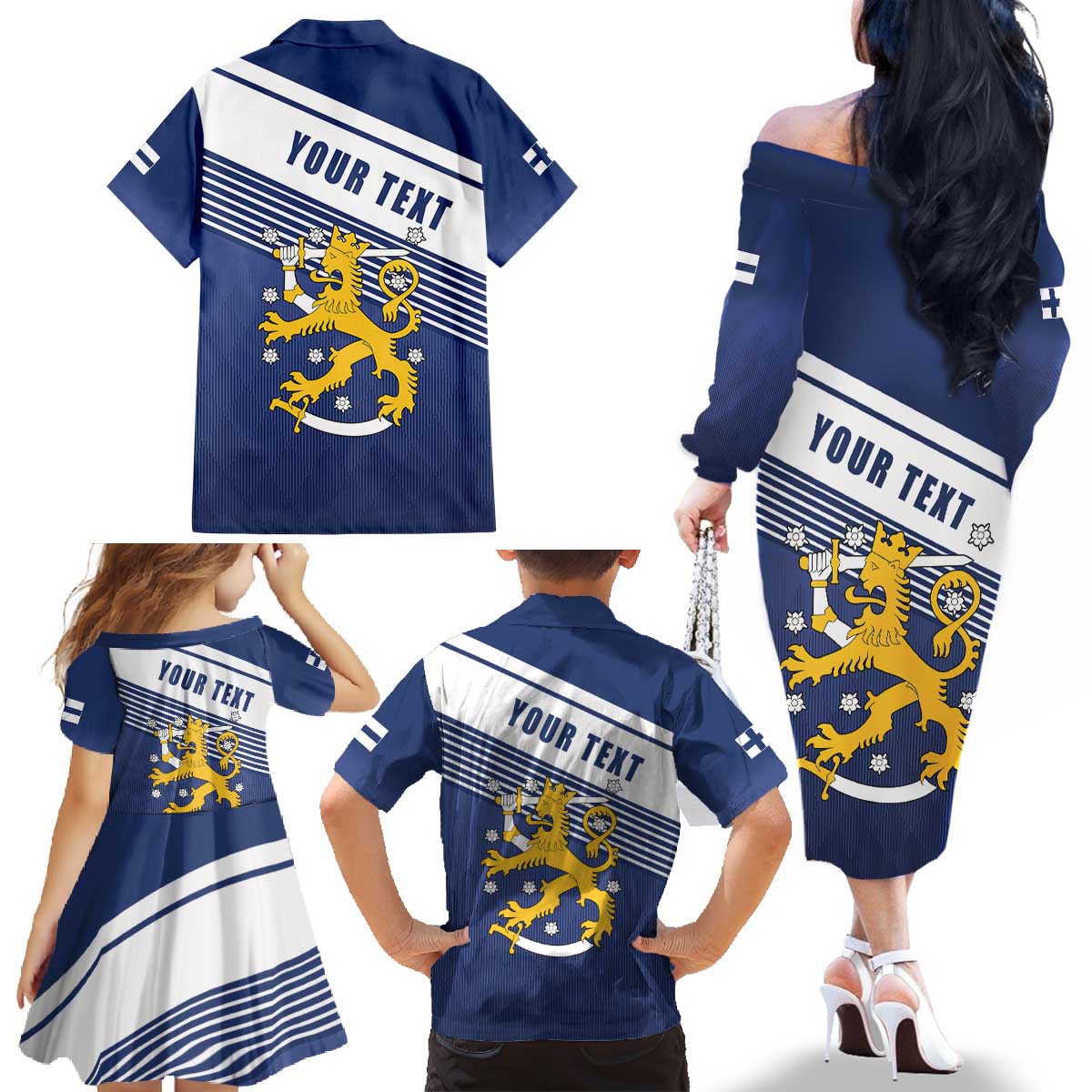 Personalized Finland One Nation One Culture Family Matching Off The Shoulder Long Sleeve Dress and Hawaiian Shirt A Crowned Lion with Flag